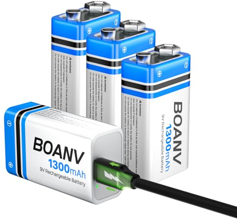 4 Pack 9V Rechargeable Batteries 1300mAh, 9V Rechargeable USB Lithium Long Lasting Battery, with 2 in 1 Charging Cable, for Smoke Detectors, Alarms, Keypad, Microphone