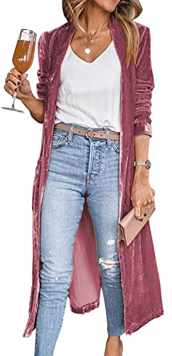 Yimoon cardigan i sammet, jacka, öppen framsida, krage ytterkläder, paljett, dammkappa, velour, långa kavajer, för kvinnor, Rosröd, XL