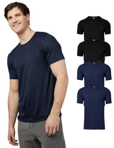 32 Degrees Mens 4 Pack Cool Crewneck T-Shirt | Anti-Odor | Quick Drying | 4-Way Stretch, 2 Black/ 2 Navy, Medium
