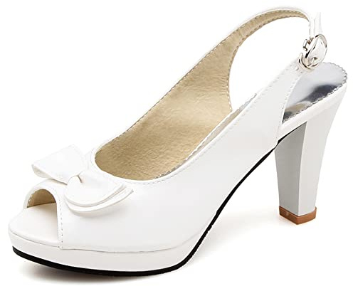 Lroey Reoly Zapatos Destalonados de Mujer con Tacón En Bloque, Bombas de Tacón Alto Peep Toe Hebilla Boda Zapatos con Plataforma Lazos Elegante Vvlufb Blanco Talla 36 EU