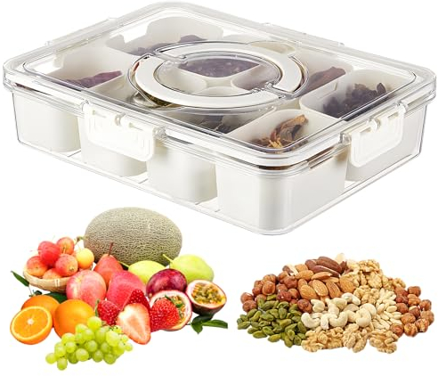 KiKiHong Snackschale mit Deckel,Snack Aufbewahrungsbox mit 8 Fächern,Snackspender Snackschale Organizer Aufbewahrungskiste für Trockene Gewürze,Süßigkeiten,Nüsse,Obst, Gemüse