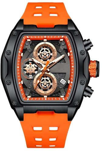 RORIOS Tonneau Watches for Men Fashion Multifunctional Watch Men's Analogue Quartz Wrist Watch Punk Chronograph Wristwatch with Silicone Strap Black B