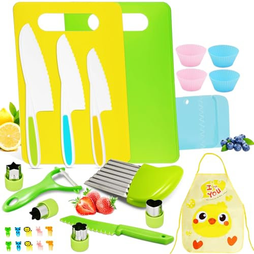 Obllemn Coltelli da Cucina per Bambini 31 Pezzi, Coltello Bambini Montessori, Set Coltelli da Cucina ai 2 Anni, Compresi taglieri, coltelli a onde, pelatrici, coltelli da frutta, forme di cupcake, ecc