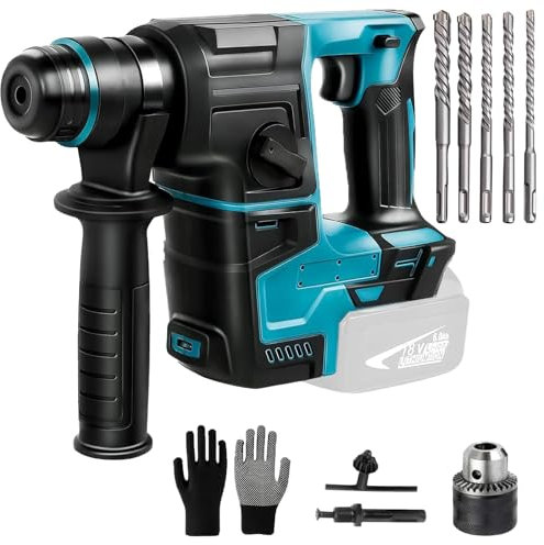 Akku Bohrhammer Kompatibel mit Makita 21V, Schlagbohrmaschine mit 8 Stück Bohrer und Handschuhe, 2,2 Joule, 1400 U/min, 4200 bpm, zum Bohren, Hammerbohren, Meißeln(ohne Akku)