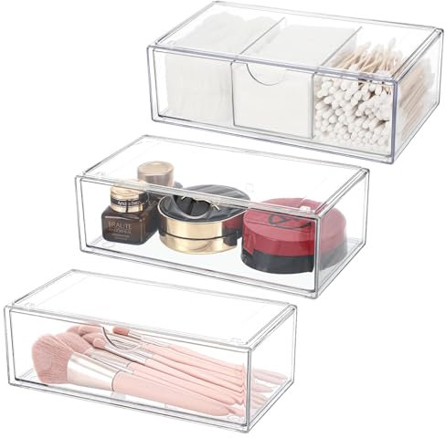 Pavlleen 3 Pezzi Trucchi Trasparente In Acrilico,Porta Trucchi Organizer da Bagno, impilabile,per Tavolozza,Pennello,Fondotinta, Rossetto,Forcine