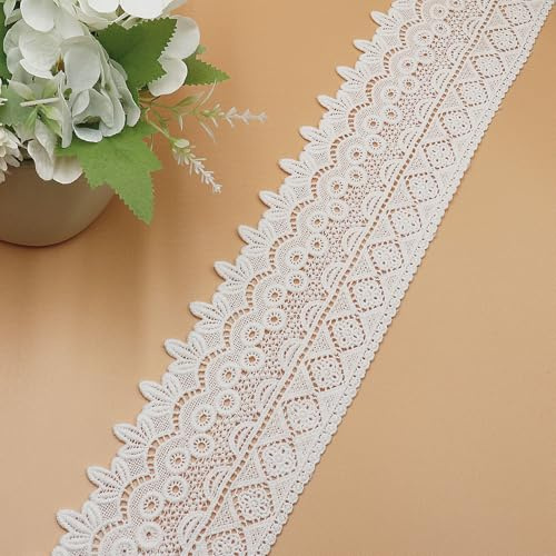 WANYI Band i Lace, Spets och Spetsar, 9CM Bredd, Spetskant i Bomull, Dekorativt Spetsband för Hantverkssömnad, Kläddekoration (5 Yards-vit)
