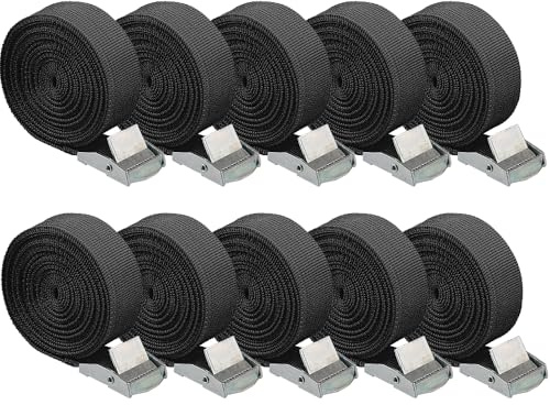 Cinghie di Tensione con Cricchetto 10 Pezzi, Cinghie di Fissaggio Regolabili 2,5cm x 2,5m Cinghia di Ancoraggio per Portabici Moto Portapacchi Auto (Nero)