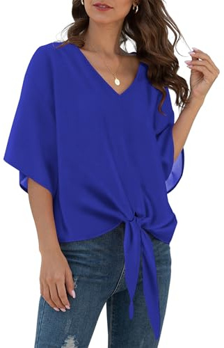 YGJIEGENG Chiffon Blouses for Womens UK Summer Blouses Tops V Neck Ladies Tops 3/4 Batwing Sleeve Casual Loose T Shirts Royal Blue XL