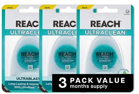 REACH® ULTRACLEAN ULTRABLAST, Cool Mint Dental Floss, Plaque Remover for Teeth, Shred Resistant, Waxed, Easy on Gums & Teeth, Fresh Breath, Oral Care, PFAS Free, for Adults & Kids, 3 PK, 25 YD