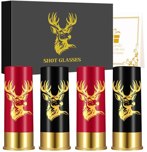 Verres à Shot avec Tête de Cerf Inclinée, Lot de 4, avec Boîte Cadeau, pour Hommes et Femmes, Fête de Mariage, Fête des Pères, Cadeaux de Chasse au Cerf, 12 GA Verres à Shot, Plastique, Noir et Rouge