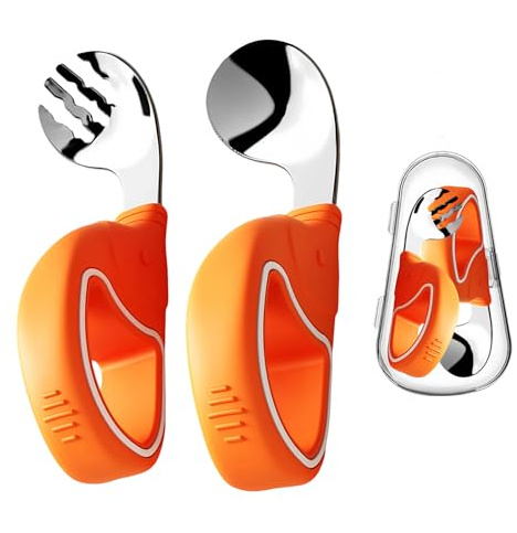 ORAGKE Cubiertos Bebe Acero Inoxidable con Mango Silicona, Ergonómico Cubiertos Infantiles con Estuche, Cuchara y Tenedor Bebe Aprendizaje sin BPA, Talheres para Bebés Niños Pequeños 1 año (Naranja)
