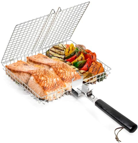 Grill Basket,Kiahom Stainless Steel BBQ Grilling with Removable Handle,Grill Baskets for Outdoor Grill,Folding Camping Cooking Accessories Rack Ideal for Fish Vegetables Meat