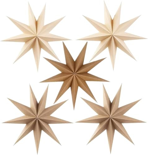 Kizozo Juego de 5 Estrellas de Papel para Colgar 30cm | Decoración Navideña para Interior Exterior | Adorno para Ventana y Árbol de Navidad (Marrón Set)