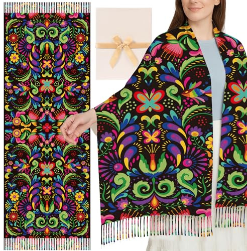 Deorfuy Mexican Shawls for Women, Rebozo Mexicano Para Mujer Gifts or Mom Teacher, Floral Scarf Birthday Gift for Mother Christmas Thanksgiving (78.7 X 27.5 Inches)