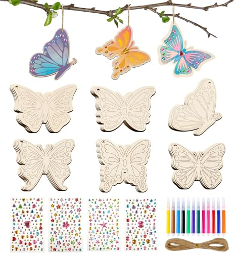 ARTREE Kit de bricolage pour enfants, papillons à peindre d'anniversaire d'enfant, 24 pendentifs en bois, kit de bricolage pour filles à partir de 4, 5, 6, 7, 8, 9, 10 ans, kit créatif pour