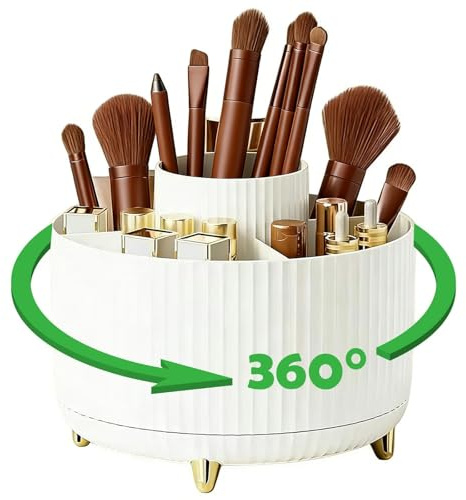 360° Rotating Makeup Organiser, Make Up Brush Holder, Makeup Brush Holder | 5 Compartment White Makeup Brush Organiser, Dressing Table Organisers, Make up Organiser for Dressing Table