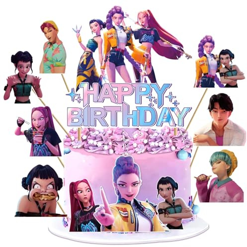 Birthday cake decoration k pop– Set 11 piezas adornos cumpleaños con 1 topper “Happy birthday” y 10 toppers para cupcakes, decoración de tartas infantil para fiesta y pastel decoración
