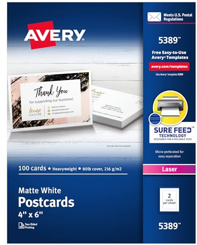 Avery Printable Postcards with Sure Feed Technology, 4 x 6, White, 100 Blank Postcards for Laser Printers (5389)