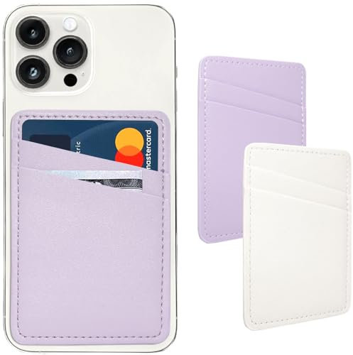 Phone Wallet Stick On, Leather Phone Card Holder, Credit Card Holder for Phone Case Compatible with iPhone, Samsung and Android - White, Purple
