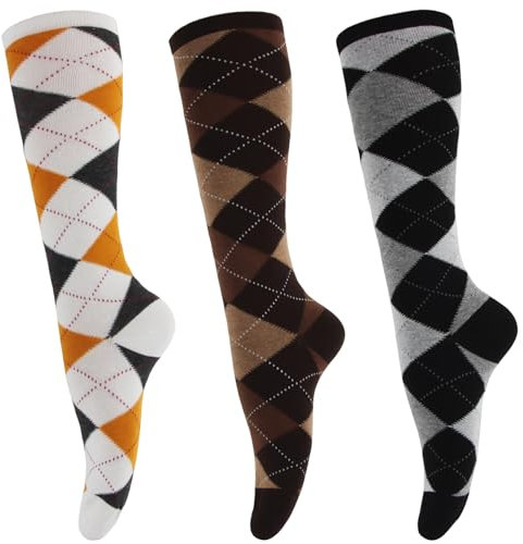 ACTOYS 3 Paires Chaussettes Montantes, Chaussettes Hautes Femme, Chaussettes Hautes, Chaussettes de Cyclisme Tendance à Carreaux, Chaudes et Confortables (Jaune et blanc, noir et blanc, marron)