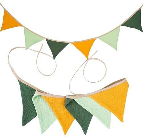 G2PLUS Grün Gelb Wimpelkette Kinderzimmer,Stoff Wimpelkette aus Musselin Baumwolle,1.9m Musselinstoff Girlande für Kinderzimmer, Mädchen & Jungen Kinderzimmer Deko für Hausbett, Babybett & Kinderbett
