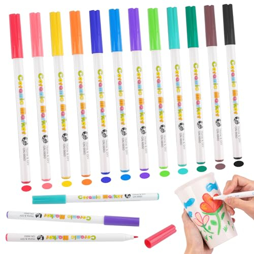 Porzellanstifte Spülmaschinenfest, 12 Farben Acrylstifte für Steine, Acrylmarker, Porzellanstifte, Acrylstifte Wasserfest, 0.7mm Stifte Steine Bemalen, Glasmalstifte für Keramik Holz Basteln DIY