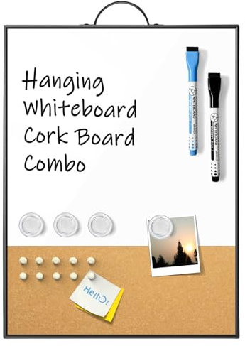 Lavagna bianca in sughero, 40,6 x 30,5 cm, lavagna magnetica cancellabile a secco e bacheca in sughero con manico per appendere alla parete, lavagna bianca portatile con cornice in alluminio con