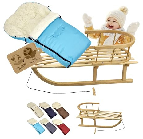 KOMBI-erbjudande träsläde med ryggstöd och dragrep universell vinteråkpåse (90 cm), även lämplig för babystol, barnvagn, buggy, av ull UNI (turkos)