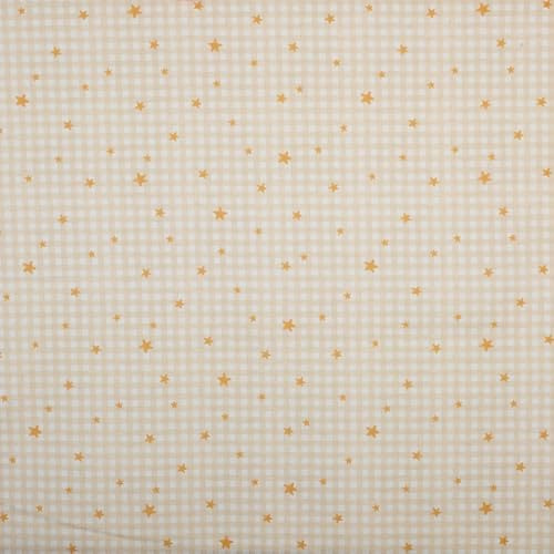 Kt KILOtela - Tela Popelín Estampada, Algodón, Decoración, Ropa Vestir, Accesorios, Manualidades, Patchwork, 100 cm Largo x 140 cm Ancho, Vichy, Estrellas, Beige, Mostaza, 1 Metro