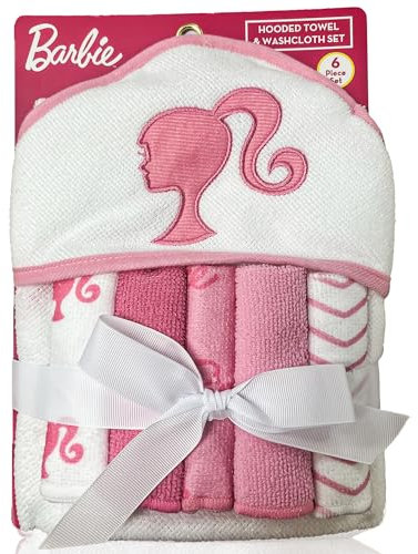 Cudlie Barbie Towel Set | Barbie Baby Bath and Beach Towels | Hoodie Towel Cover Up and 5 Wash Cloths | Baby Newborn Essentials | Newborn Girl Gifts | Soft Plush | Pink/White | Officially Licensed