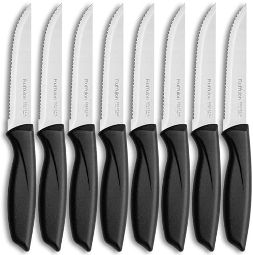 Ruffulon Set 8 Pezzi di Coltelli da Bistecca,Coltelli da Cucina Ultra Affilati,Robusti Coltelli da Tavola,Coltelli Bistecca Seghettati Nero,Posate in Acciaio Inox,Coltelli da Cucina Professionali