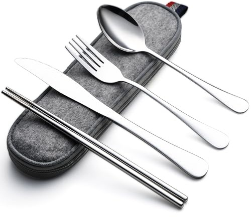 DEVICO Cubertería de camping, cubertería de viaje de acero inoxidable, juego de 5 piezas para exteriores con cuchillo, tenedor, cuchara, palillos y estuche, juego de cubiertos ideal para viajes (plata