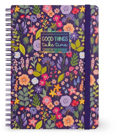 Legami - Cuaderno con espiral de rayas de 7 mm, Flowers, Large, tamaño A4, papel certificado FSC, contiene 1 hoja de adhesivos, 160 páginas, cierre elástico, 15 x 21 cm
