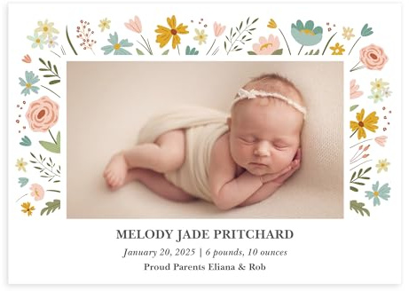 Let's Make Memories Personalized Baby Announcement Cards - Birth, Adoption - Boy, Girl - Premium Quality Custom Photo Cards for Mailing - 5x7 - Includes White Envelopes - Floral Frame - 15 ct