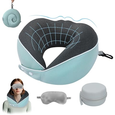 Chumix Oreiller de Voyage pour Avion, Coussin de Nuque pour Voyage,Coussin de Voyage avec Masque de Sommeil 3D et Boîte de Rangement EVA, Coussin Avion pour Avion Voiture Train Bureau (Bleu)