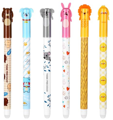 Bewudy 6 stycken raderbar kulspetspenna och bläckpenna, svart bläck, gelpenna 0,5 mm, barn, tecknad serie, penna för barn, studenter, skola, kontor