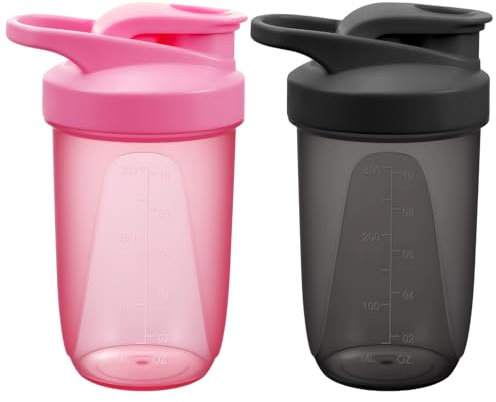 Alaoo Protein Shaker, 2 Stück 400ml Proteinshaker Flasche, Fitness Shaker mit 2 Mixball Edelstahl, BPA-frei und Auslaufsicher Proteinshaker mit Messskala für Proteinpulver, Proteinshake (Schwarz+Rosa