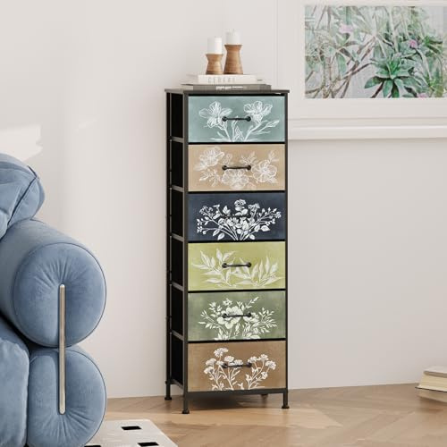 Welfuturer Cómoda de tela con 6 cajones de tela, estilo vintage, diseño de plantas, armario de almacenamiento grande para dormitorio, sala de estar, habitación infantil y entrada