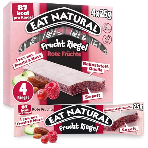 Eat Natural Soft Fruit Bars Red Berries, 4x25g | Vegan, Gluten Free, High Fibre Snacks, Breakfast & Lunchbox Treats, Bulk Multipack, Delicious On-the-Go Snack Bars