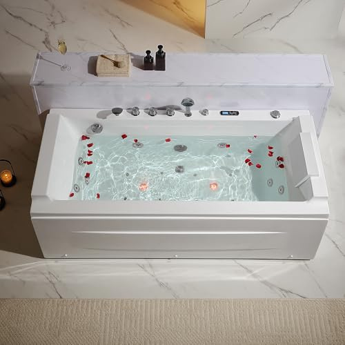 Empava Acrylic Whirlpool Bathtub, 71-Inch Jetted Bathtub with Healing Chromotherapy, Heated Soaking Tub with LED Control Panel, Comforting Hydro Massage Tub with Waterfall Joy, Black Pillow