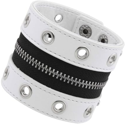 Puño ancho de cuero con tachuelas con detalles de cremallera media y material de PU, accesorios punk de moda con detalles de cremallera, フリーサイズ