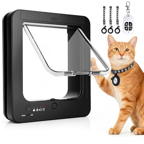 Smart Cat Door for Interior & Exterior, RFID Cat Pet Door with 3 Collar Sensor Keys & 1 Remote Control & 4 Way Locking Cat Flap with Collar Sensors Activated Opening CatDoor (Black)
