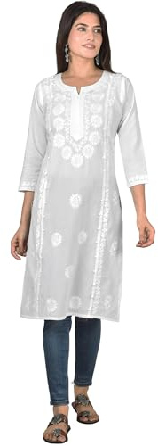 Vrnda Women's White Cotton Kurti – Hand-Embroidered Lucknowi Chikankari, Straight Fit, Knee-Length Pakistani Style Kurta, White-design 1, Medium