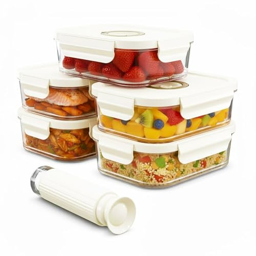 Spares2go Vakuumförvaring glasbehållare med fästklämmor lock (paket med 5, stora, 1 480 ml) + manuell tätningspump