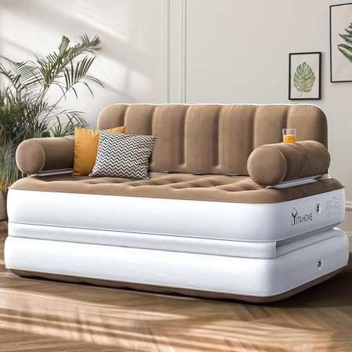 YITAHOME Queen Size Air Sofa Bed Mattress with Headboard and Pump, Blow Up Couch Inflatable Bed for Home Living Room, 79 x 60 x 25 (Expanded Size, Brown)