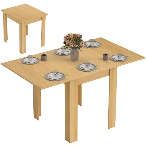 HOMCOM Mesa de Comedor Extensible, 70-140x80 cm, Mesa de Cocina Extensible, para 4-6 Personas, con Tirador de PU y Almohadillas de Fieltro, para Espacios Pequeños, Salón, Madera Natural