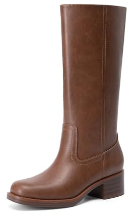 DREAM PAIRS Women's Mid Calf Riding Boots Square Toe Retro Banana Boots Chunky Block Heel Pull-On Fashion Boots,Size 7.5,Brown,SDMB26004W