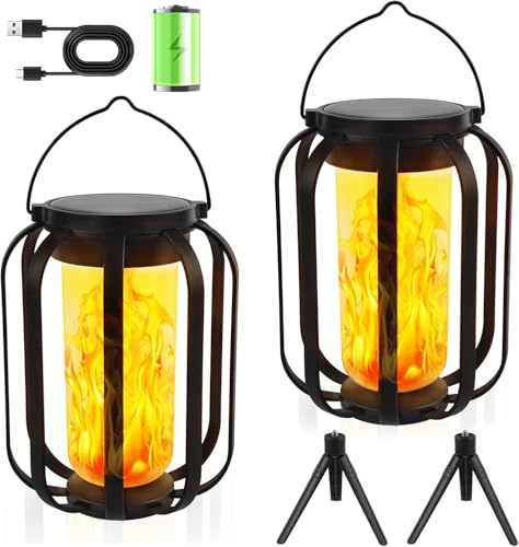 Facarler Farolillos Solares Exterior IP65 Impermeable, Luces Solares LED con Efecto Llama 3D Realista para Jardín, Terraza, Patio y Pared, Luz Solar Decorativa con Soporte de Suelo/Pared