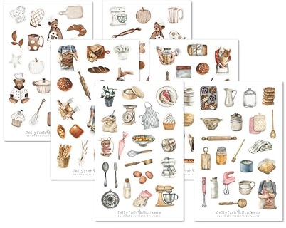 Jellyfish Stickers Lot de 6 autocollants de cuisson pour journaux, planificateurs, recettes, cuisine, livres de pâtisserie, vaisselle, aliments et boissons, livre de cuisine, pain, pâtes, boulangerie