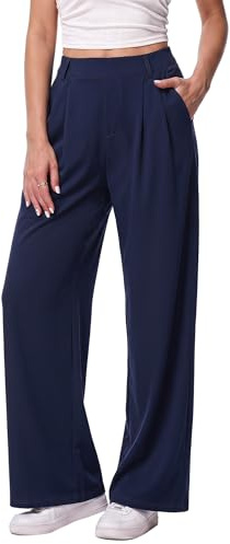 Litherday Pantalones Mujer Rectos Cintura Alta Elásticos con Bolsillos Pantalón Fluido Cómodo Oficina Casual Pierna Ancha Elegante S-XXL